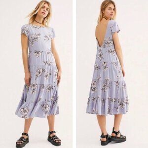 Free People Rita Tiered Floral Midi Dress Slip On Blue Boho, Coastal, Western